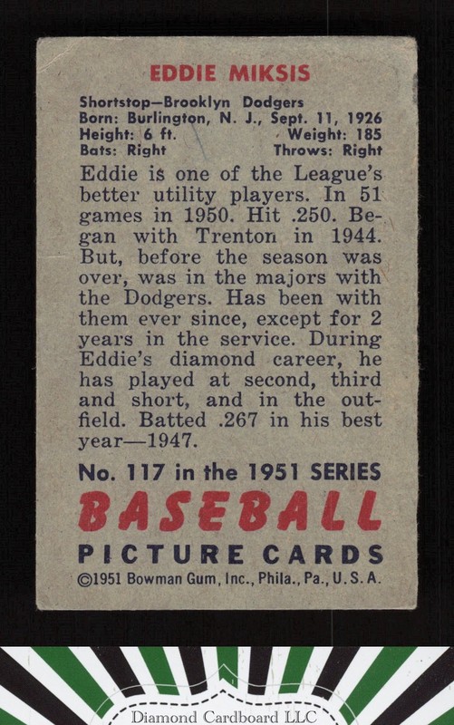 1951 Bowman #117 Eddie Miksis VG [CENTERED], back