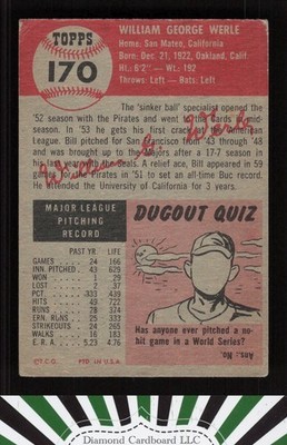 1953 Topps #170 Bill Werle GD b, back