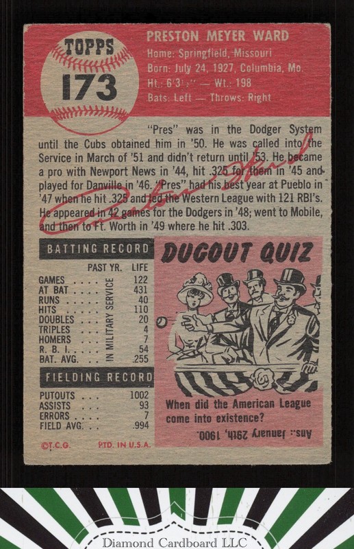1953 Topps #173 Preston Ward VG c, back