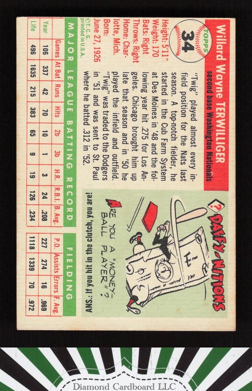 1955 Topps #34 Wayne Terwilliger VGEX (MC) t, back