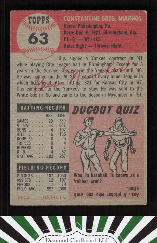 1953 Topps #63 Gus Niarhos GD d, back
