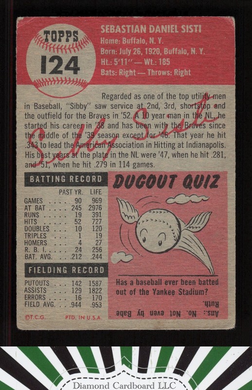 1953 Topps #124 Sibby Sisti : Bio uses white text GD c, back