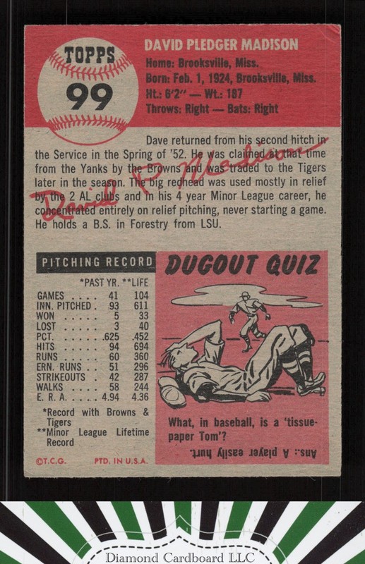 1953 Topps #99 Dave Madison : Bio uses black text VG+ c, back