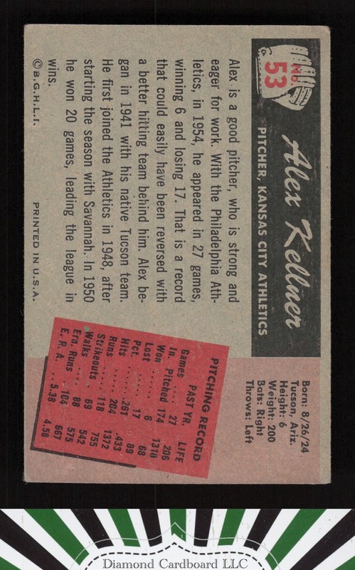 1955 Bowman #53 Alex Kellner VG, back