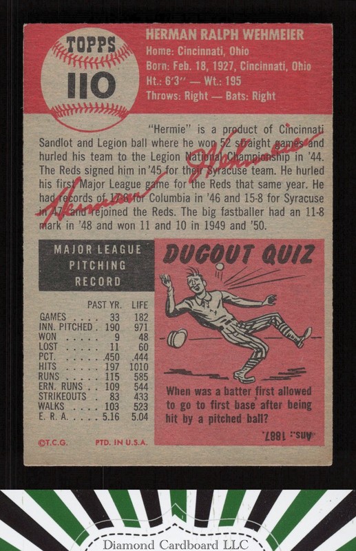 1953 Topps #110 Herman Wehmeier : Bio uses white text VGEX i, back