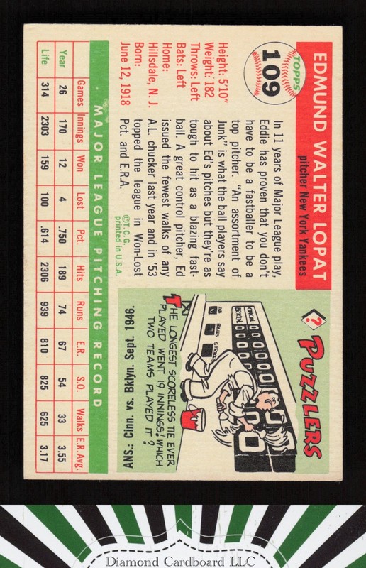 1955 Topps #109 Ed Lopat EX n, back