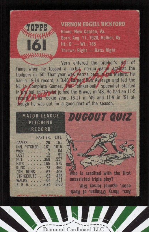 1953 Topps #161 Vern Bickford : Bio uses white text VG a, back