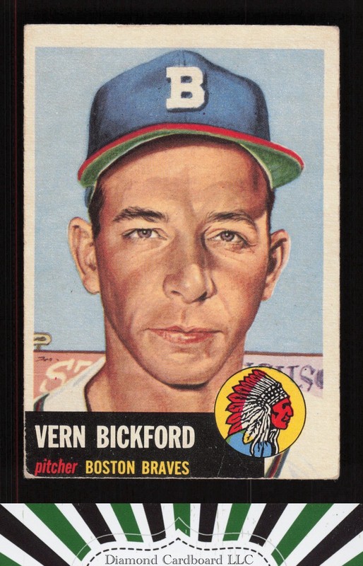1953 Topps #161 Vern Bickford : Bio uses white text VG a, front