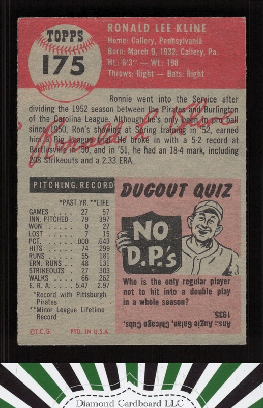 1953 Topps #175 Ron Kline VGEX f, back