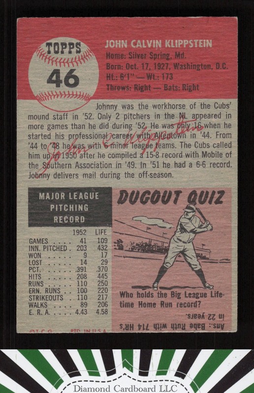 1953 Topps #46 Johnny Klippstein GD (MC) g, back