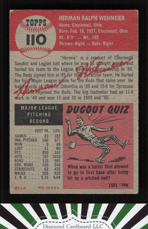 1953 Topps #110 Herman Wehmeier : Bio uses white text VG+ g, back