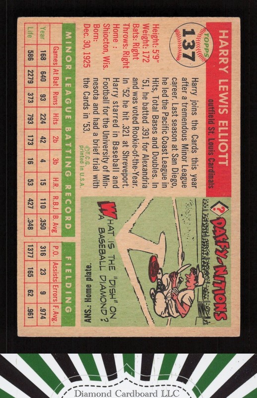 1955 Topps #137 Harry Elliott VGEX b, back