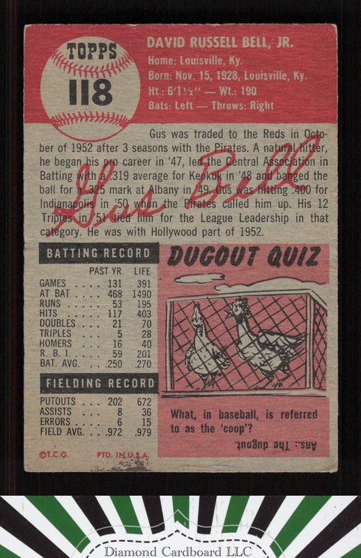 1953 Topps #118 Gus Bell : Bio uses white text VG e, back