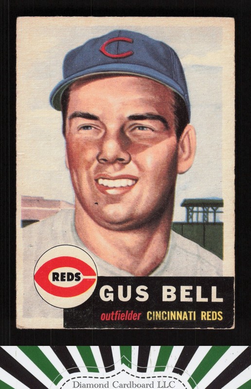 1953 Topps #118 Gus Bell : Bio uses white text VG e, front
