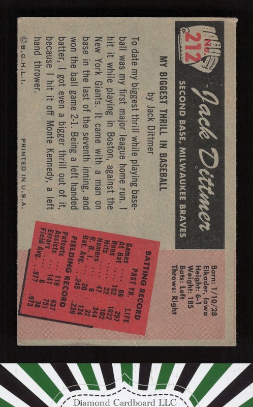 1955 Bowman #212 Jack Dittmer VGEX, back
