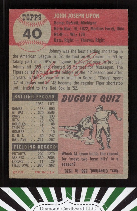 1953 Topps #40 Johnny Lipon VGEX [GOOD CENTERING] g, back