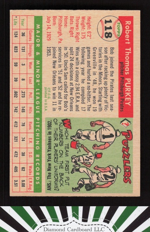 1955 Topps #118 Bob Purkey NM h, back