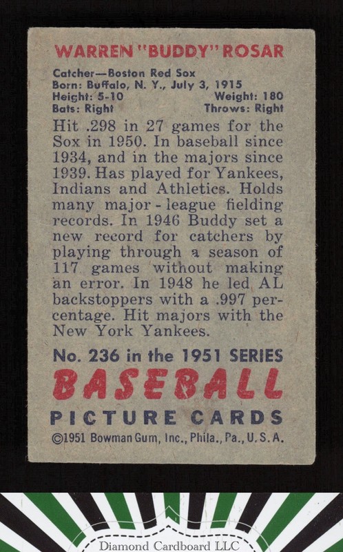 1951 Bowman #236 Buddy Rosar VG, back