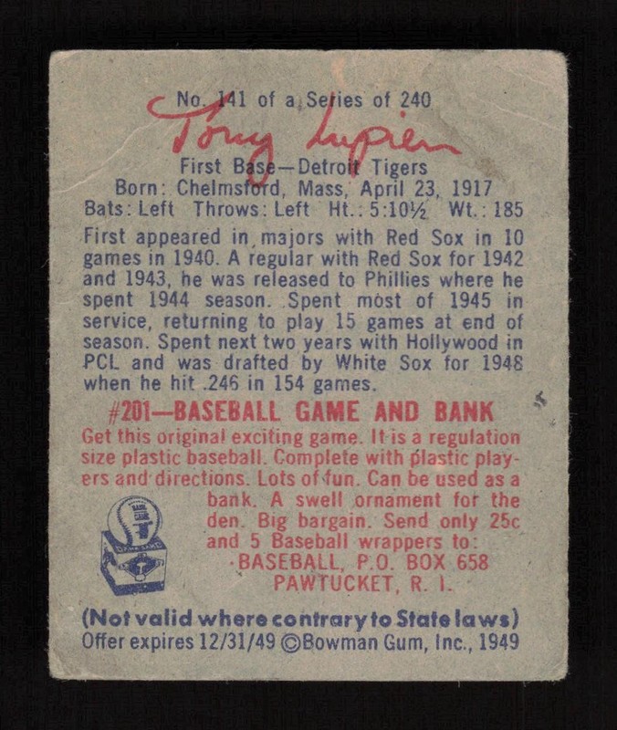 1949 Bowman #141 Ulysses "Tony" Lupien VG (but tape on front), back