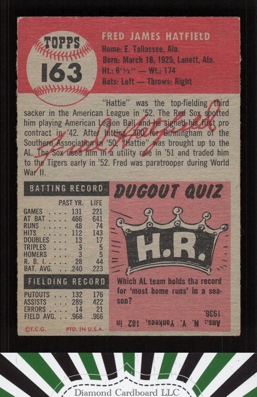 1953 Topps #163 Fred Hatfield : Bio uses black text VG+ j, back