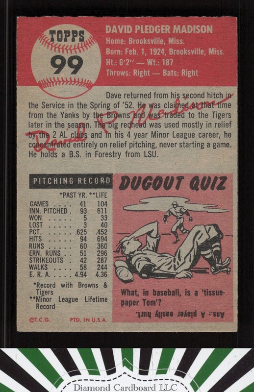 1953 Topps #99 Dave Madison : Bio uses white text VGEX+ i, back