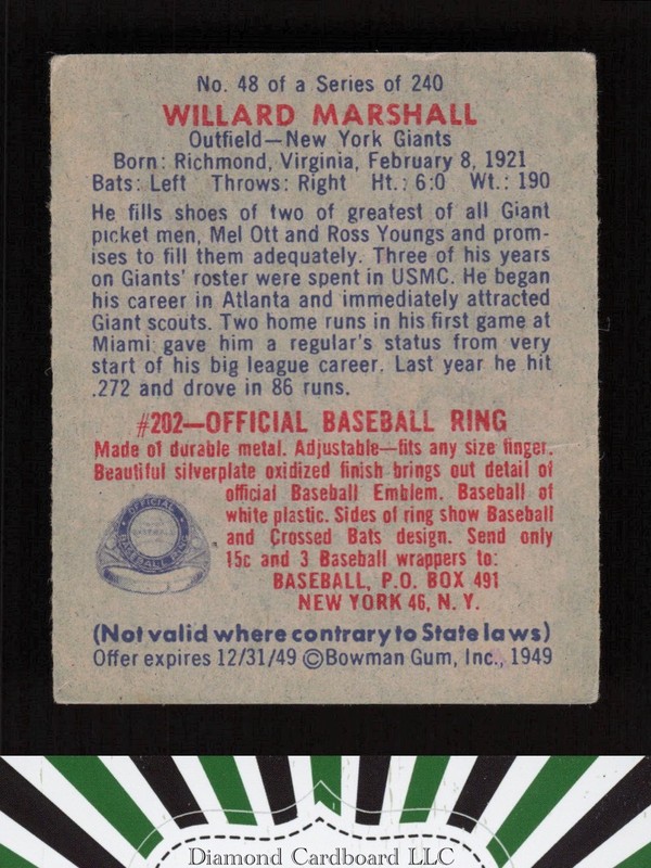 1949 Bowman #48 Willard Marshall FR d, back