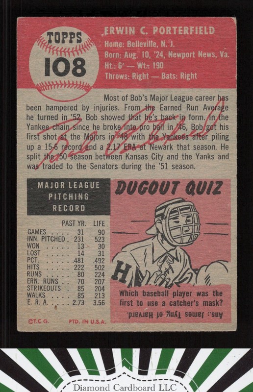 1953 Topps #108 Bob Porterfield : Bio uses white text FR a, back