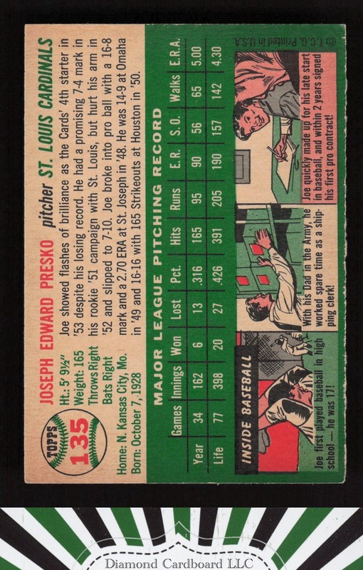 1954 Topps #135 Joe Presko VG+ d, back