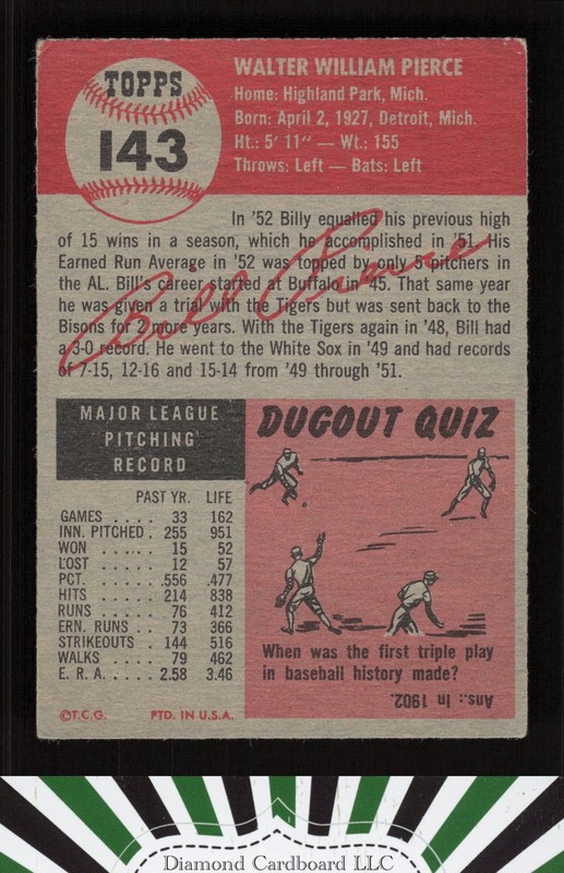 1953 Topps #143 Billy Pierce : Bio uses white text VGEX [CENTERED] f, back