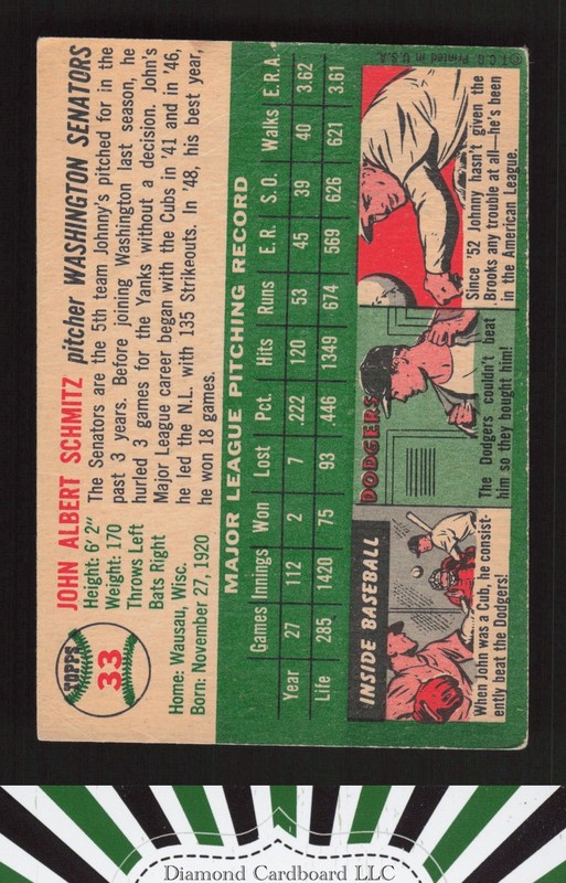 1954 Topps #33 Johnny Schmitz VGEX l, back