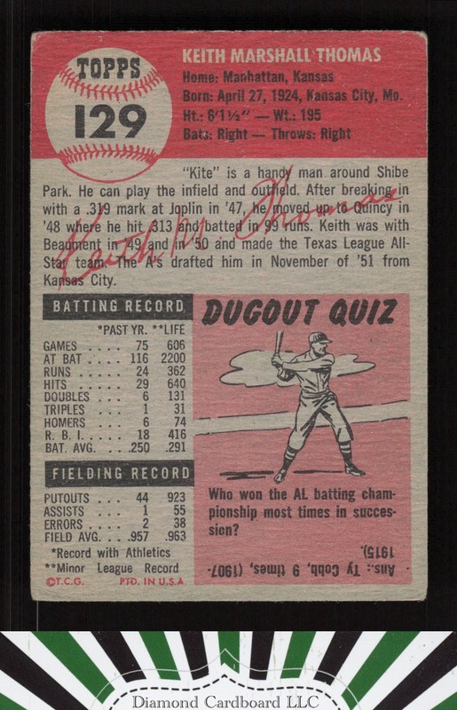1953 Topps #129 Keith Thomas : Bio uses black text GD+ b, back