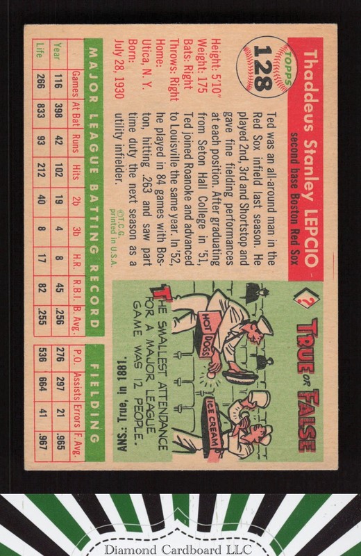 1955 Topps #128 Ted Lepcio VGEX+ f, back