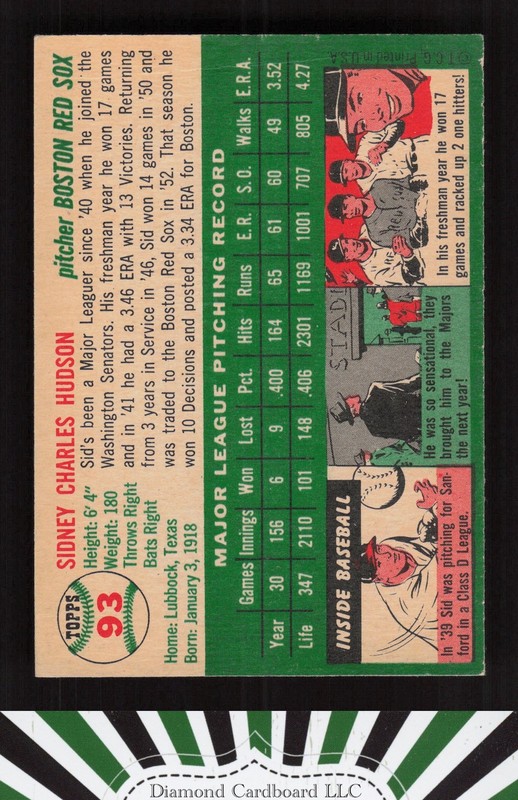 1954 Topps #93 Sid Hudson VGEX d, back