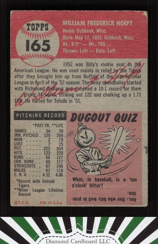 1953 Topps #165 Billy Hoeft : Bio uses white text FR a, back