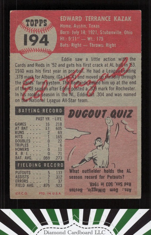1953 Topps #194 Eddie Kazak VG e, back