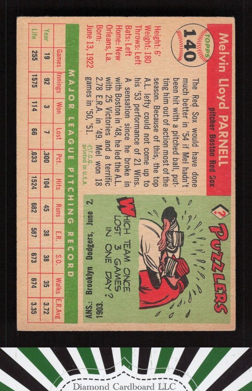 1955 Topps #140 Mel Parnell VGEX b, back