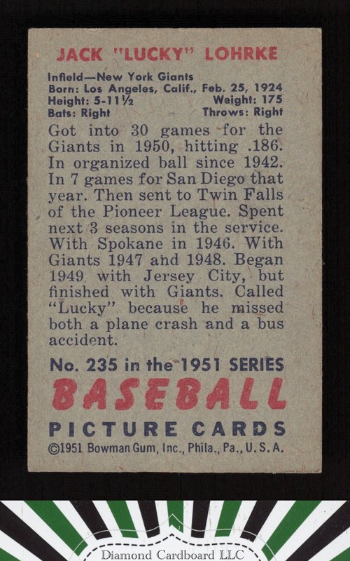 1951 Bowman #235 Jack Lohrke VGEX, back