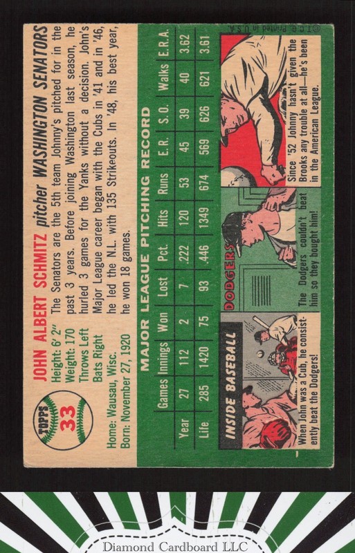 1954 Topps #33 Johnny Schmitz VGEX+ d, back