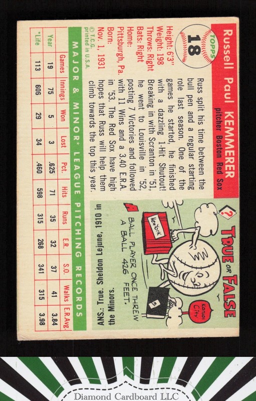 1955 Topps #18 Russ Kemmerer VGEX (MC) b, back