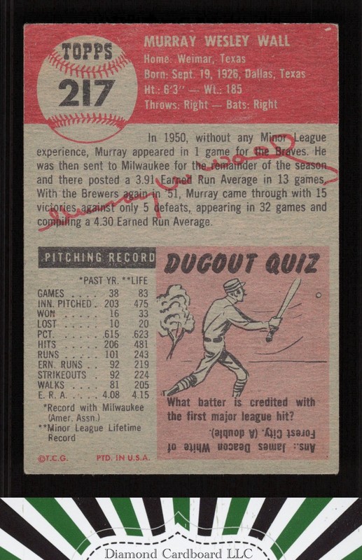 1953 Topps #217 Murray Wall VG d, back