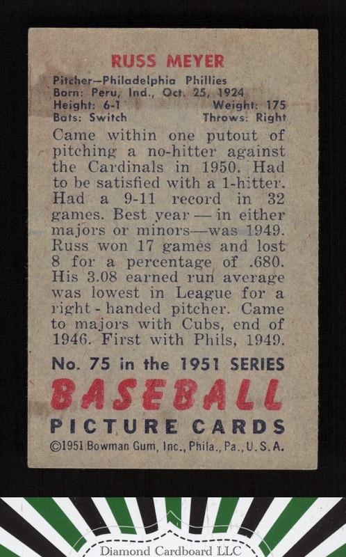 1951 Bowman #75 Russ Meyer VGEX, back