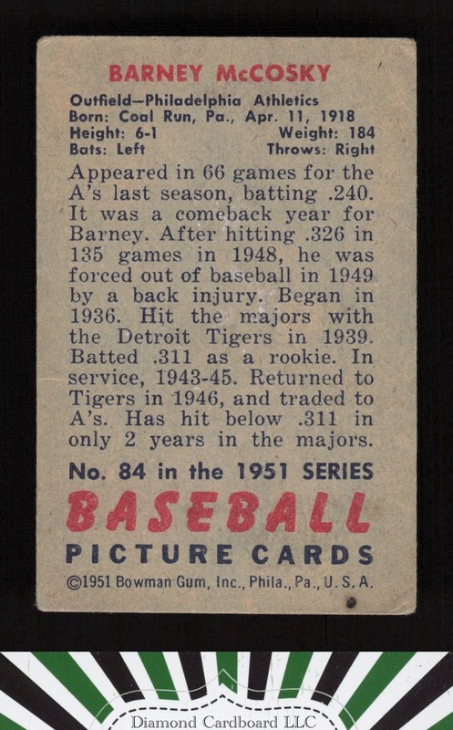 1951 Bowman #84 Barney McCosky VG, back