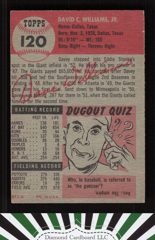 1953 Topps #120 Davey Williams : Bio uses black text VGEX f, back