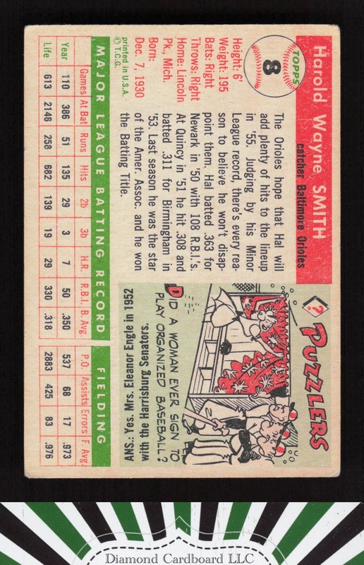 1955 Topps #8 Hal Smith VG+ f, back