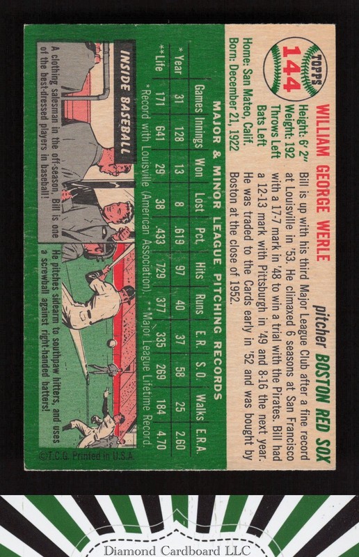 1954 Topps #144 Bill Werle EX c, back