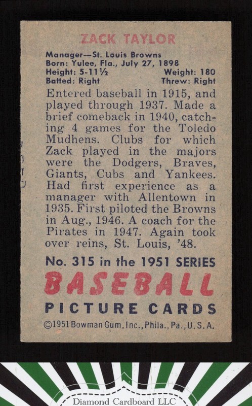 1951 Bowman #315 Zack Taylor VGEX, back