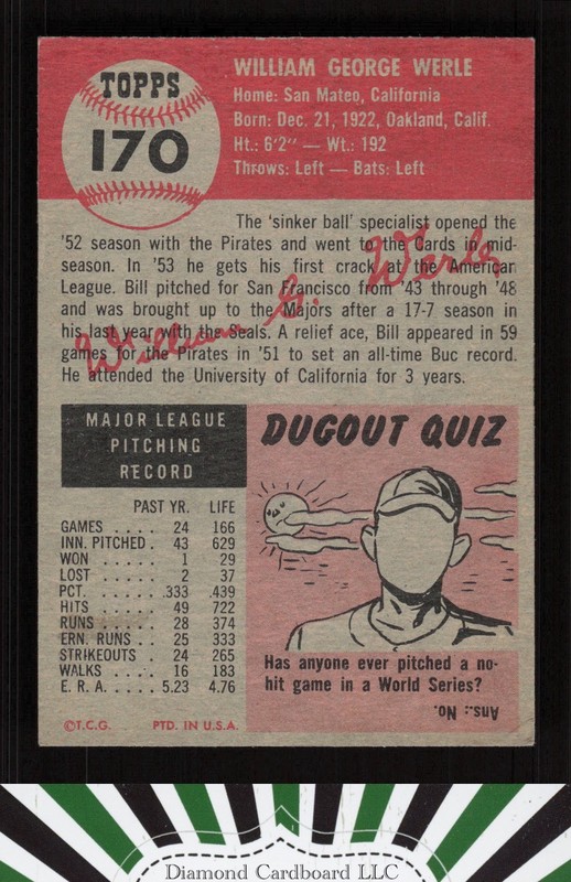 1953 Topps #170 Bill Werle VGEX h, back