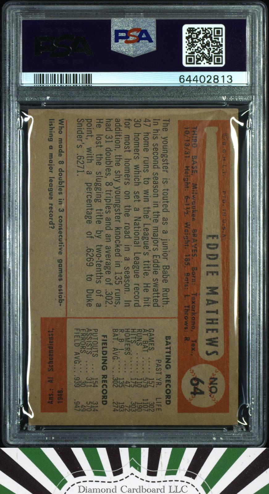 1954 Bowman #64 Ed Mathews PSA 6, back