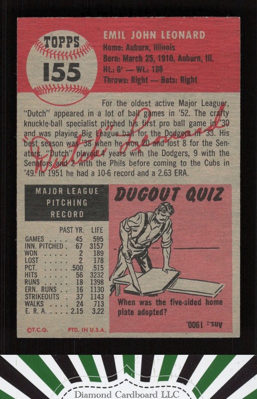 1953 Topps #155 Dutch Leonard : Bio uses black text EXMT f, back