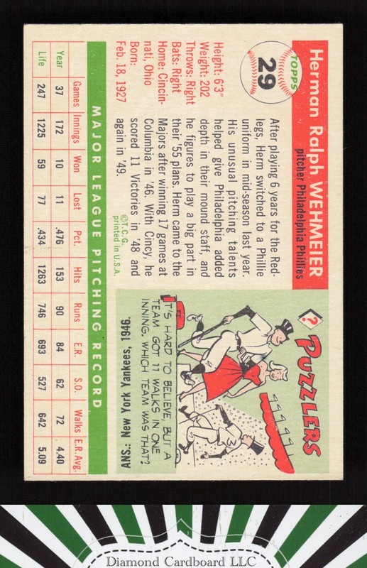 1955 Topps #29 Herman Wehmeier VGEX d, back